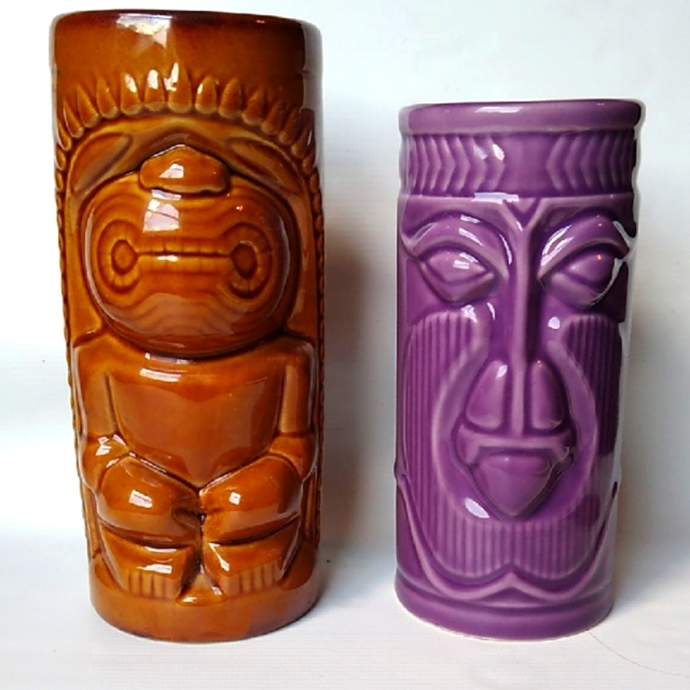 Vintage Tiki Mug bundle, Tropical Drink Barware, Luau Glass Lot 2, Brown Purple